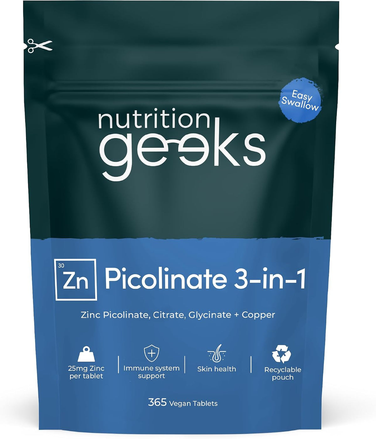 Zinc Supplements 25mg - 12 Month Supply with Zinc Picolinate, Bisglycinate and Citrate + Copper - 365 Easy-Swallow Vegan Tablets for Men & Women