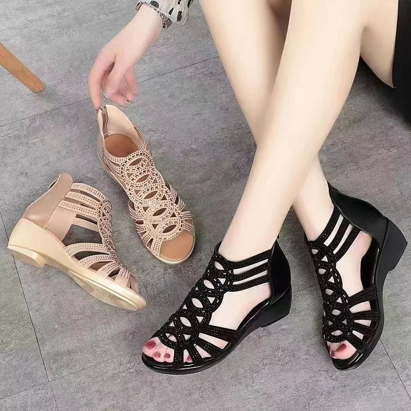 2024 verão novas sandálias romanas de couro macio feminino sola macia outwear sapatos de cunha moda casual designer sapato senhoras