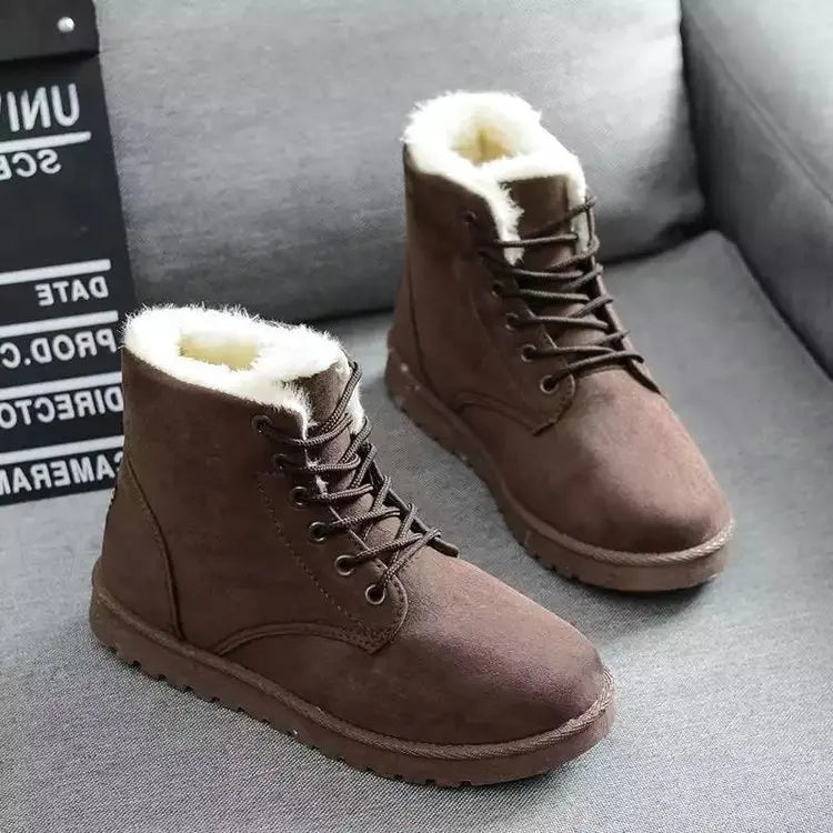 Sorriso pop inverno novas botas de neve planas confortáveis quentes veludo de pelúcia sapatos de algodão dedo do pé redondo botas de neve rendas botas curtas femininas