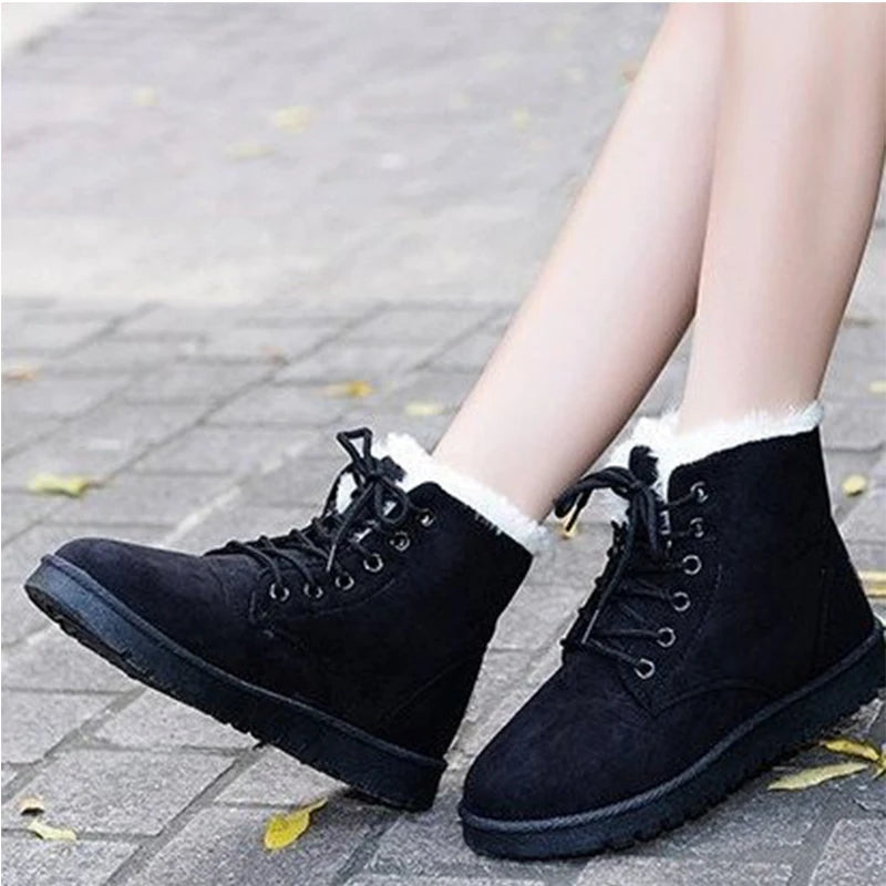 Sorriso pop inverno novas botas de neve planas confortáveis quentes veludo de pelúcia sapatos de algodão dedo do pé redondo botas de neve rendas botas curtas femininas