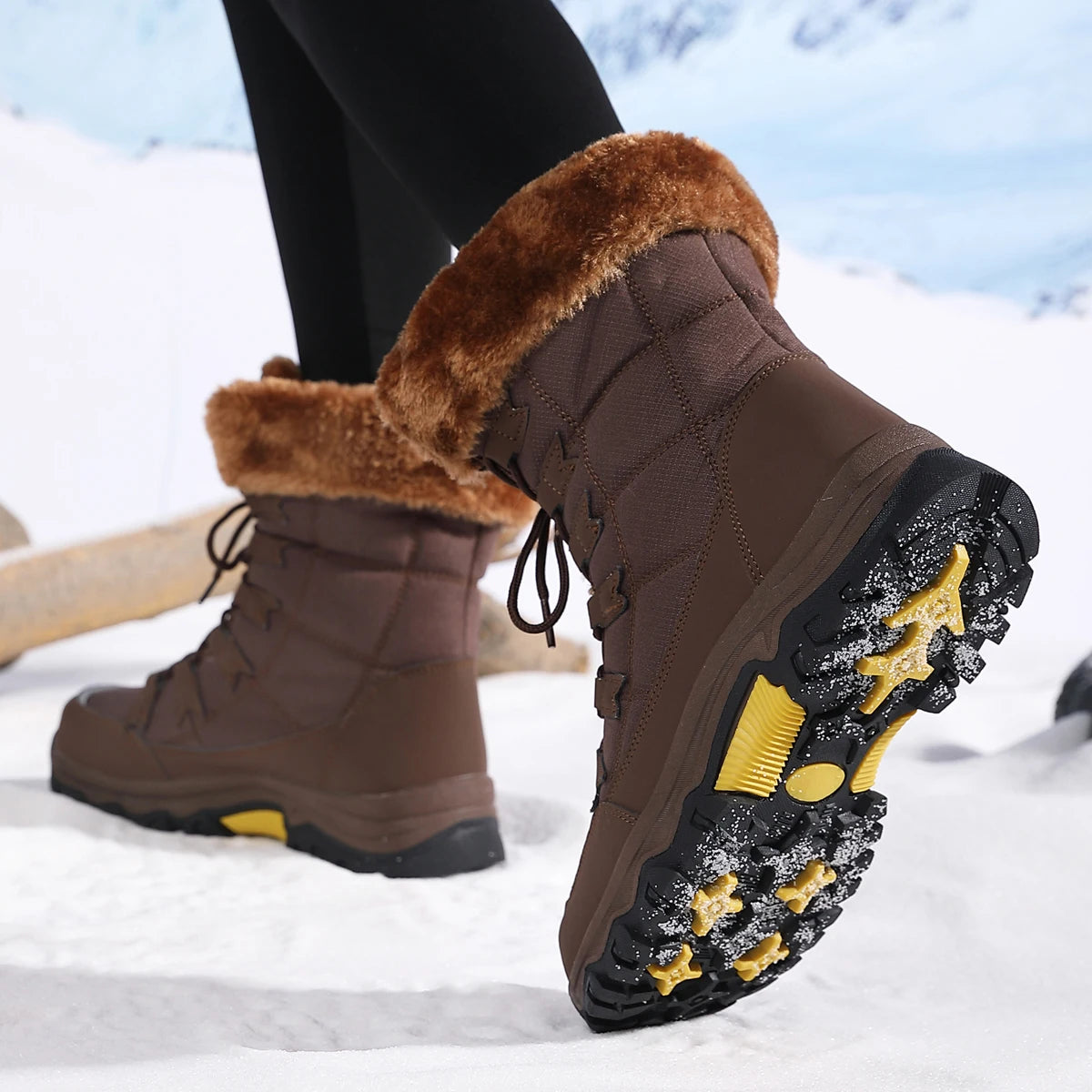 Botas de pelúcia Moifeng-Mid-Calf para mulheres, sapatos de inverno quente, botas de neve marrom, calçado feminino