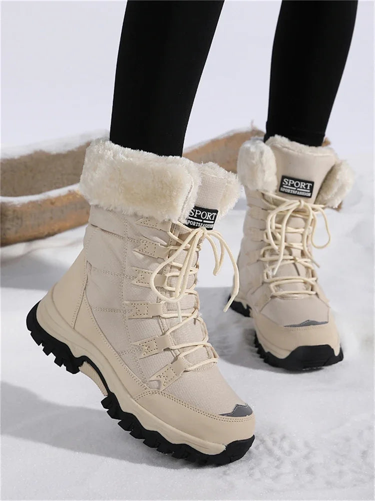 Botas de pelúcia Moifeng-Mid-Calf para mulheres, sapatos de inverno quente, botas de neve marrom, calçado feminino