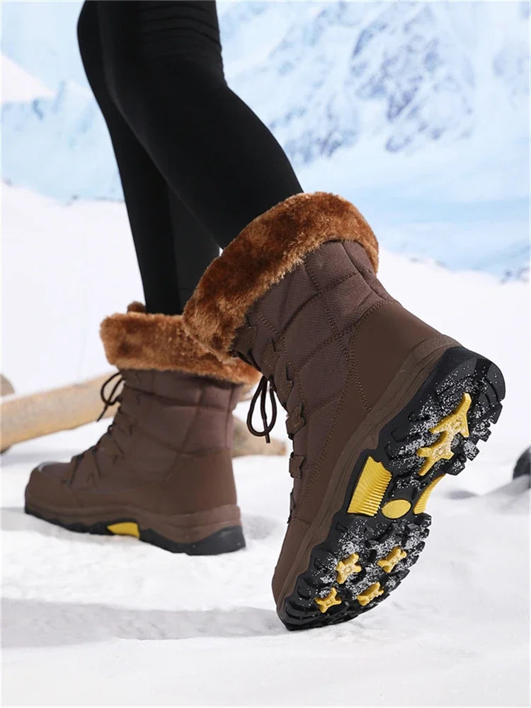 Botas de pelúcia Moifeng-Mid-Calf para mulheres, sapatos de inverno quente, botas de neve marrom, calçado feminino