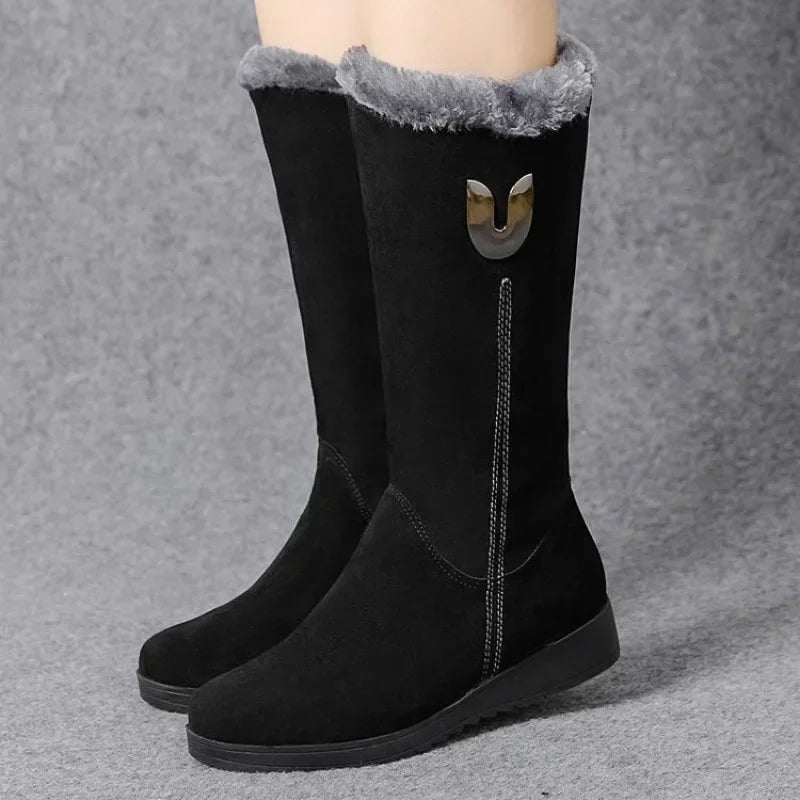 Chelsea quente botas de pele alta mulheres 2025 sapatos de inverno para mulher chunky meados de bezerro de pelúcia neve botas planas zip moda botas de mujer
