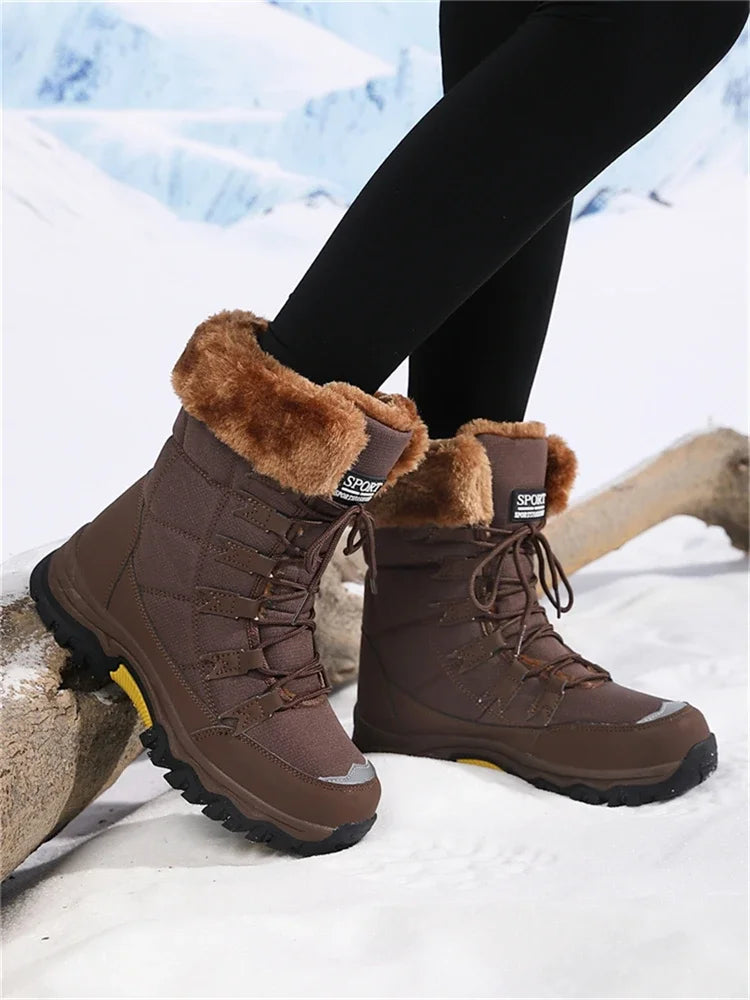 Botas de pelúcia Moifeng-Mid-Calf para mulheres, sapatos de inverno quente, botas de neve marrom, calçado feminino