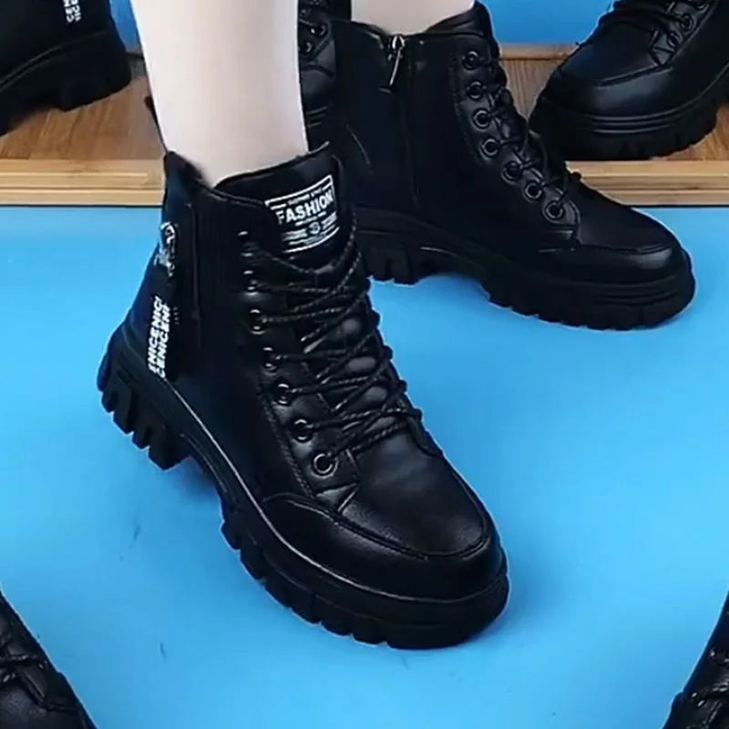 Sapatos 2023 moda inverno quente feminino preto sapatos casuais mais veludo all-match tênis de sola grossa botas de algodão
